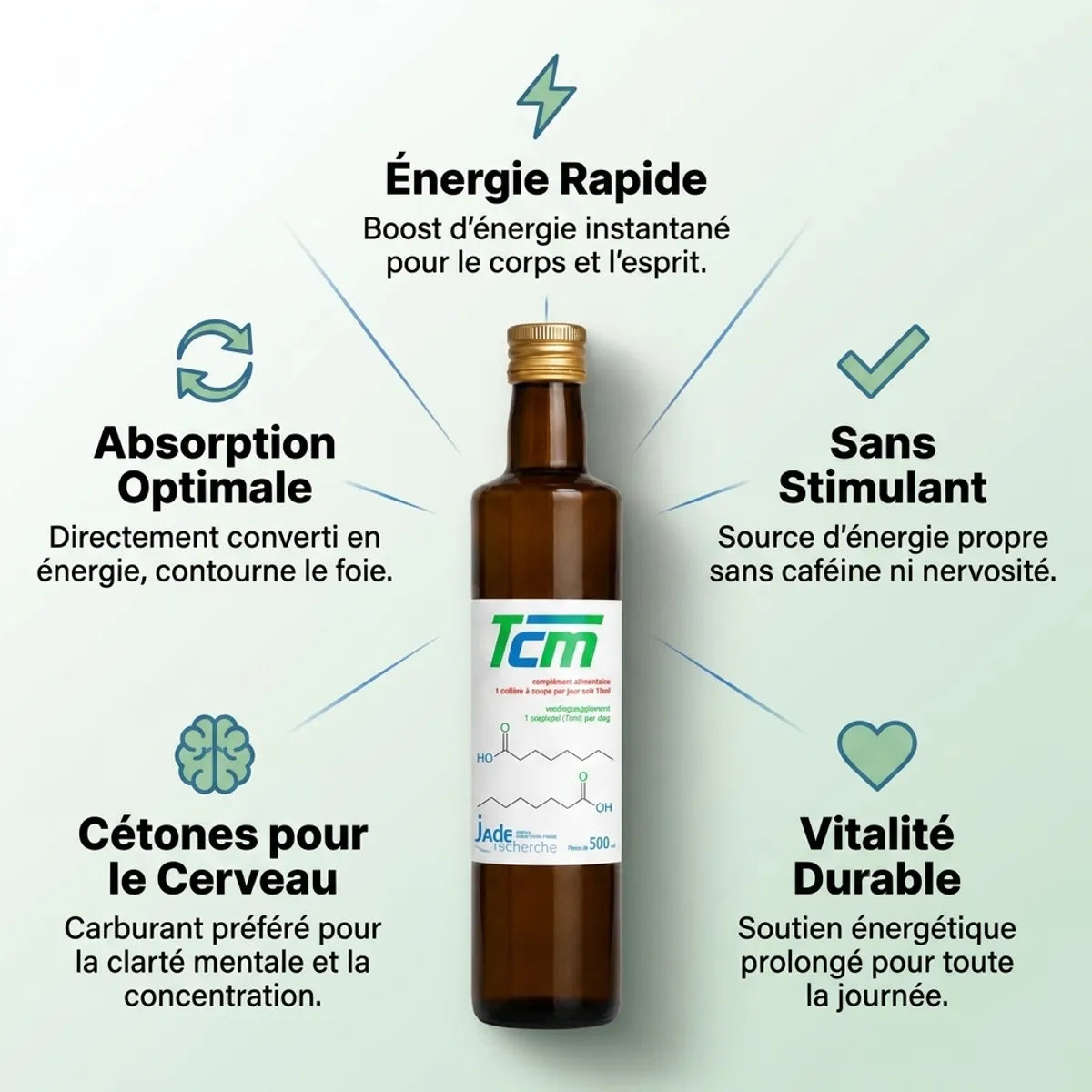 TCM 500ml supplément énergie Jade Recherche avec 5 bénéfices clés : énergie rapide, absorption optimale, sans stimulant, cétones cerveau, vitalité durable