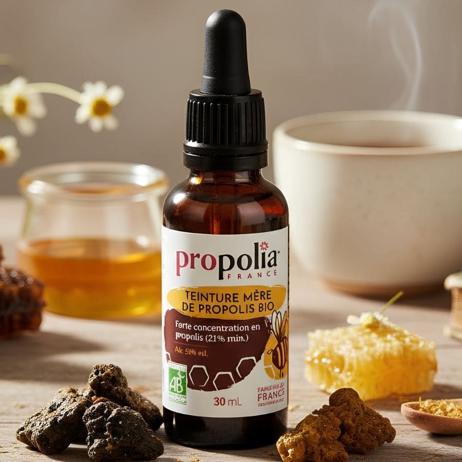 Flacon de Teinture Mère de Propolis Bio Propolia au premier plan, avec un cadre d'éléments naturels sur une table en bois clair. On y voit des morceaux de propolis brute, des rayons de miel, des fleurs de camomille, un pot de miel liquide et une tasse de tisane fumante. L'ensemble évoque la santé, le bien-être et la nature.
