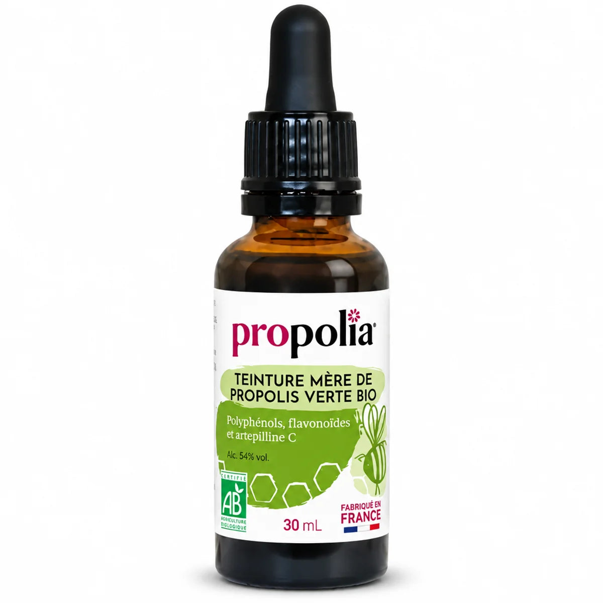 Teinture mère propolis verte bio Propolia flacon 30ml avec pipette, certifiée AB