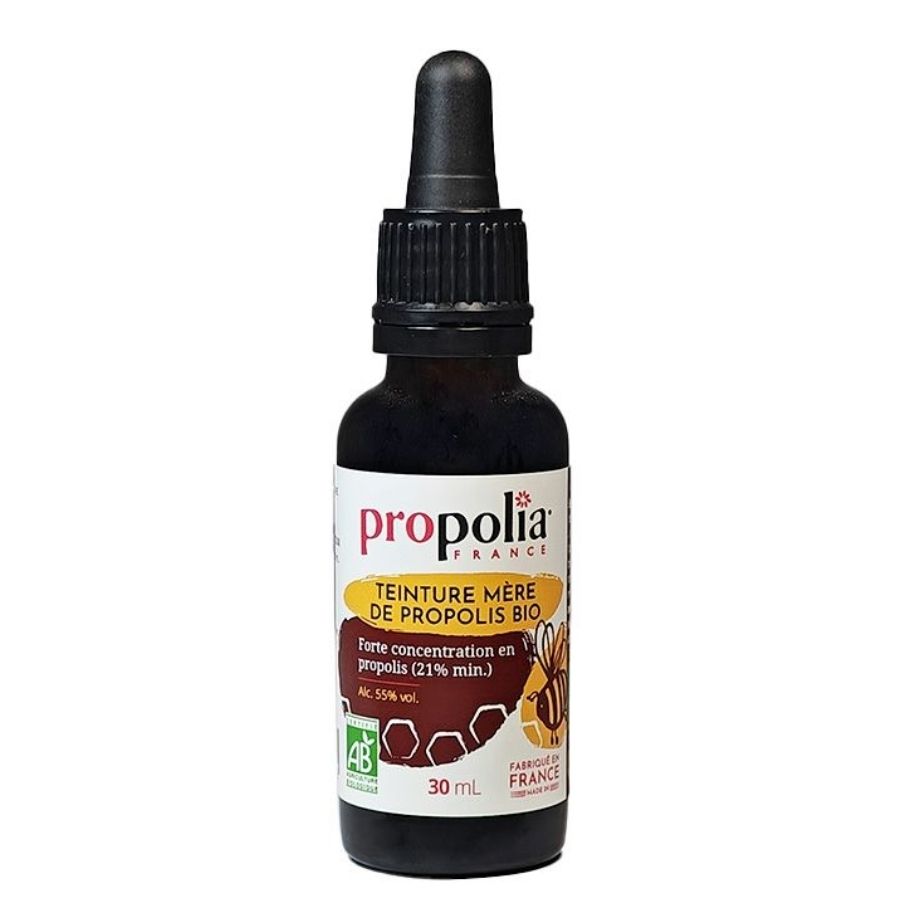Un flacon pipette de 30 ml de Teinture Mère de Propolis Bio de la marque Propolia