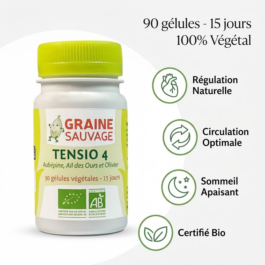 Tensio 4 complément tension artérielle 90 gélules avec icônes bénéfices régulation naturelle circulation sommeil