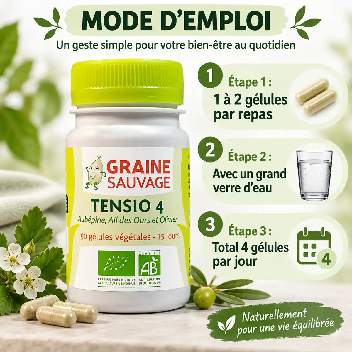 Tensio 4 complément tension artérielle 90 gélules avec mode d'emploi dosage 4 gélules jour