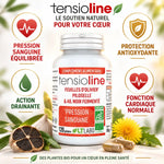 Tensioline Bio 120 gélules - Supplément pression sanguine avec icônes bénéfices santé cardiaque
