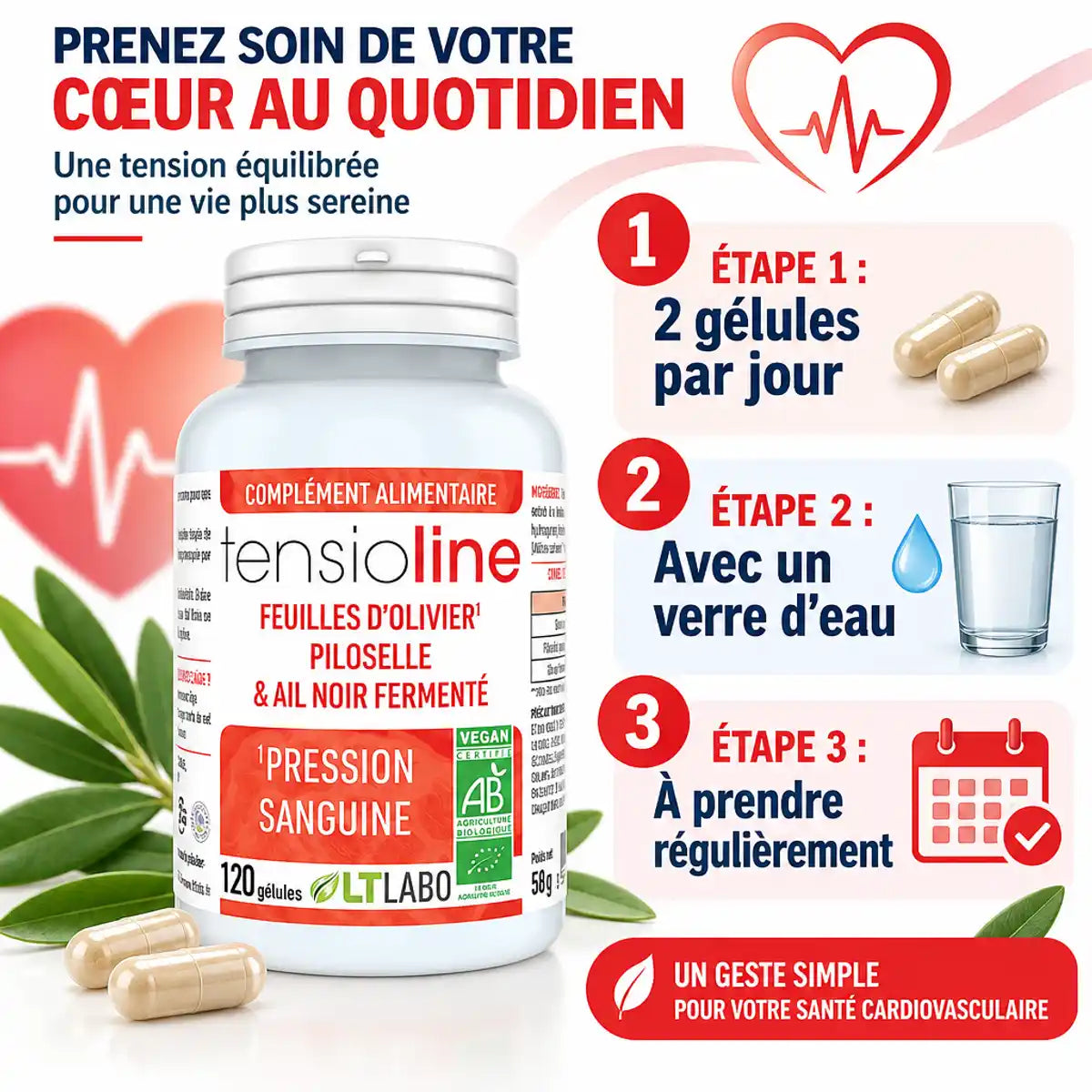 Tensioline Bio 120 gélules avec guide posologie: 2 gélules par jour avec eau régulièrement