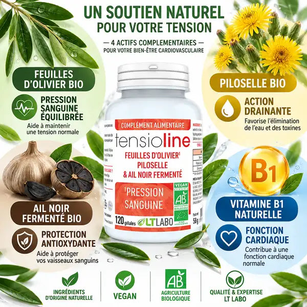 Tensioline Bio 120 gélules avec ingrédients bio : Olivier, Piloselle, Ail noir fermenté et Vitamine B1