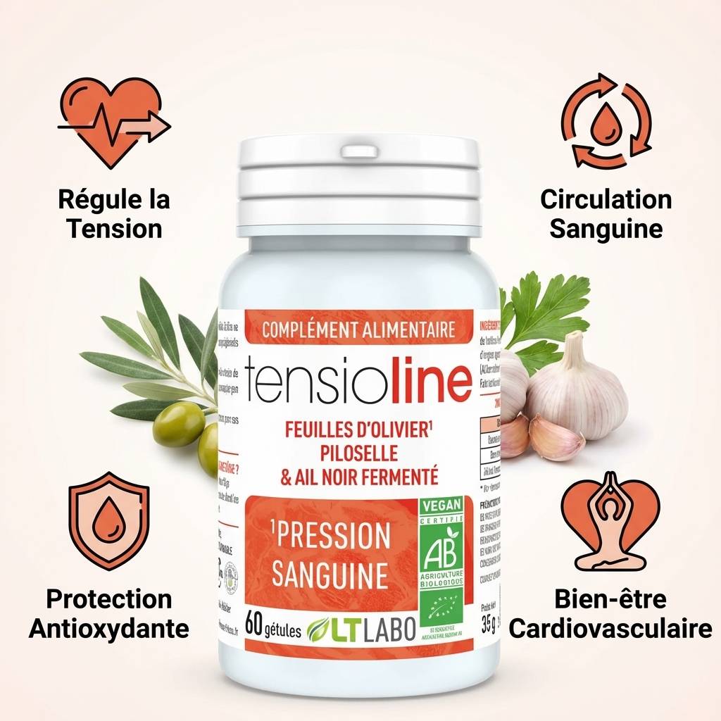 Tensioline Bio 60 gélules avec icônes bénéfices tension, circulation sanguine et bien-être cardiovasculaire