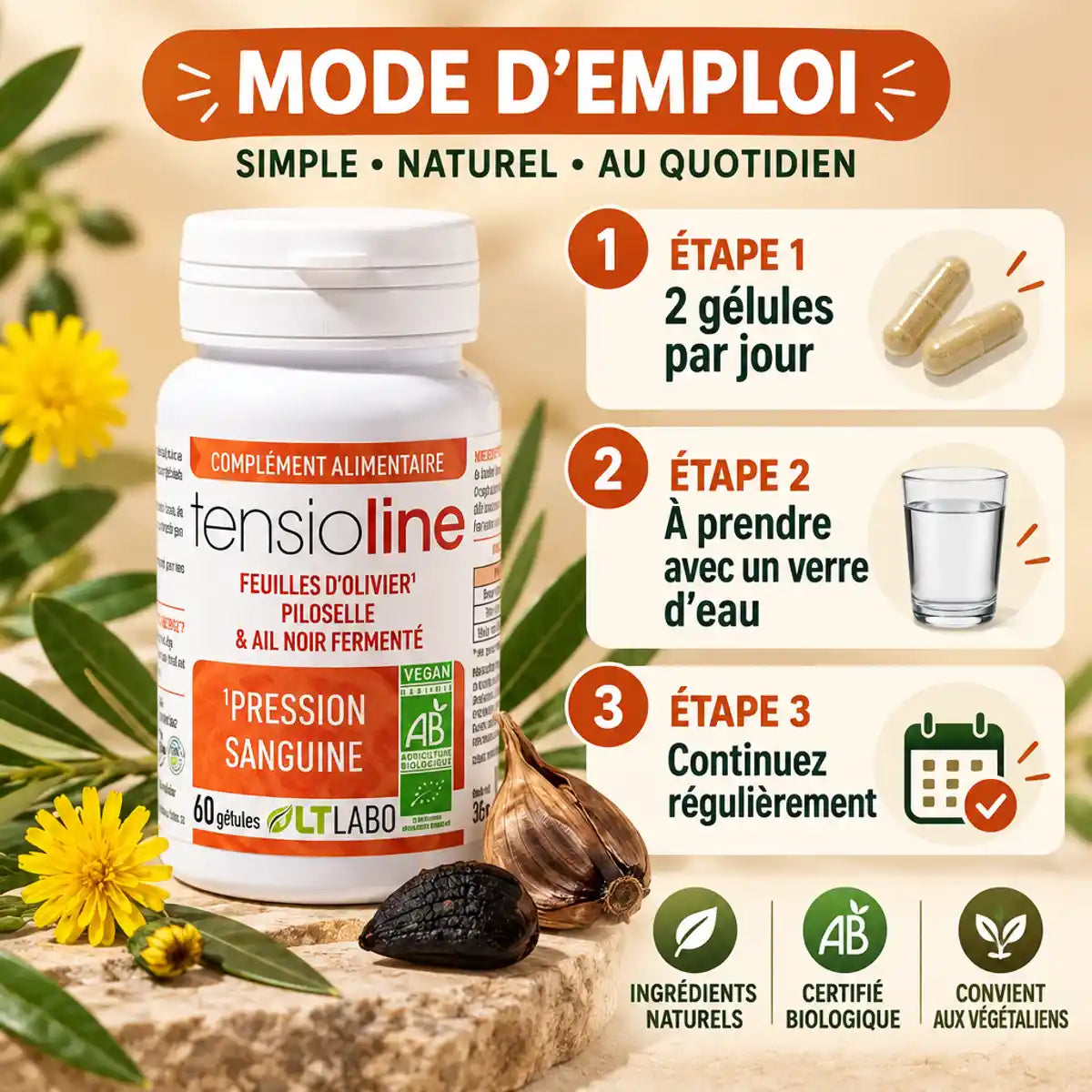 Tensioline Bio 60 gélules pour pression sanguine avec mode d'emploi et ingrédients naturels