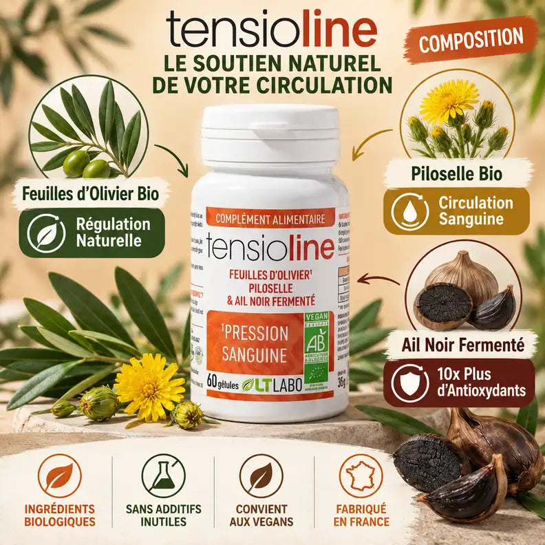 Tensioline Bio flacon avec feuilles olivier piloselle ail noir fermenté régulation pression sanguine