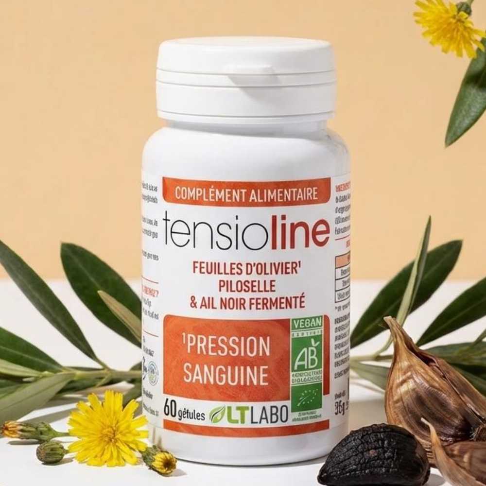 Une boite de Tensioline Bio de 60 gélules de LT Labo entourée de ses ingrédients naturels