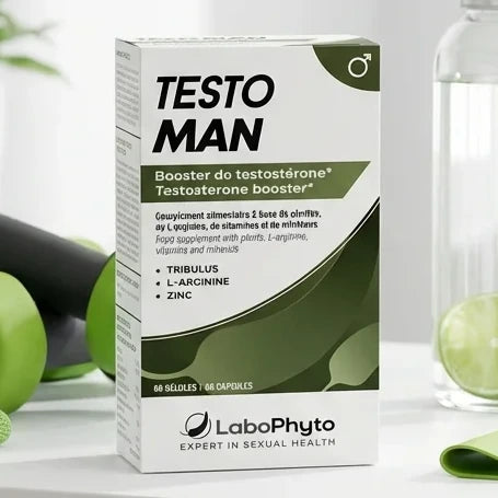 TestoMan booster testostérone 60 gélules Labophyto avec équipement fitness sur bureau