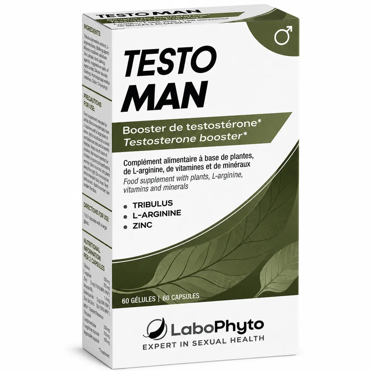 TestoMan booster de testostérone 60 gélules Labophyto packaging blanc et vert
