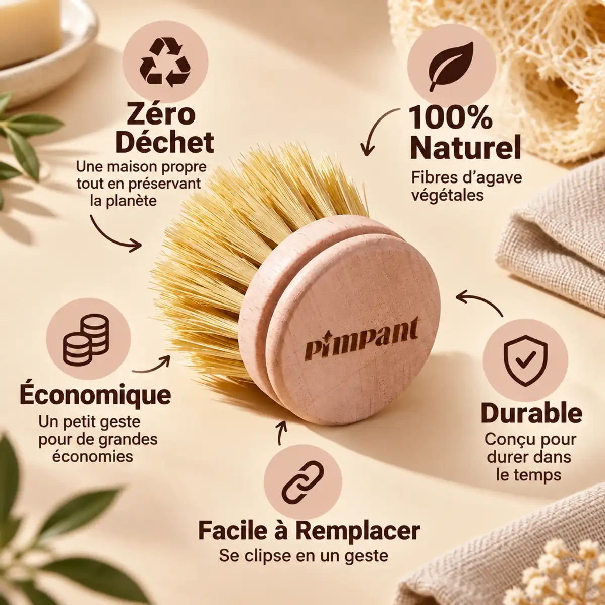Tête rechange brosse vaisselle Pimpant fibre agave naturelle zéro déchet économique