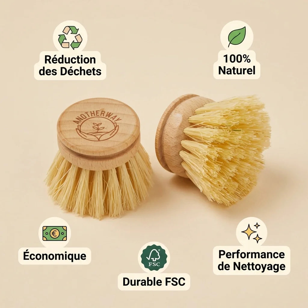 Tête brosse vaisselle rechargeable Anotherway bois naturel avec avantages écologiques