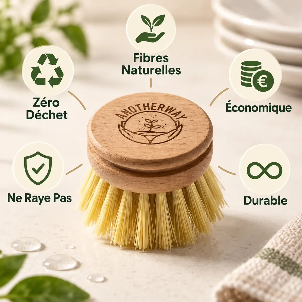 Tête brosse vaisselle rechargeable Anotherway bois hêtre fibres naturelles zéro déchet