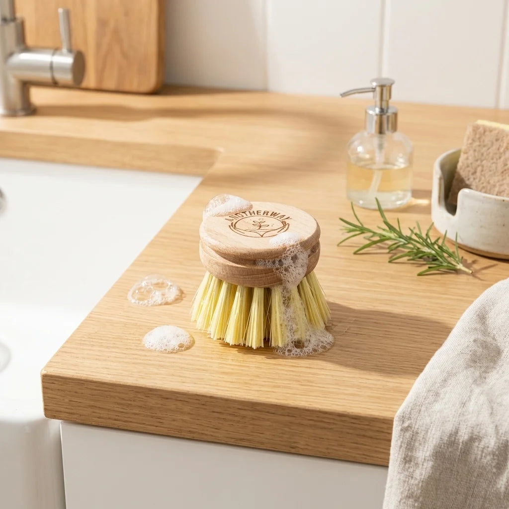 Tête rechargeable Anotherway brosse vaisselle poils jaunes manche bois écologique