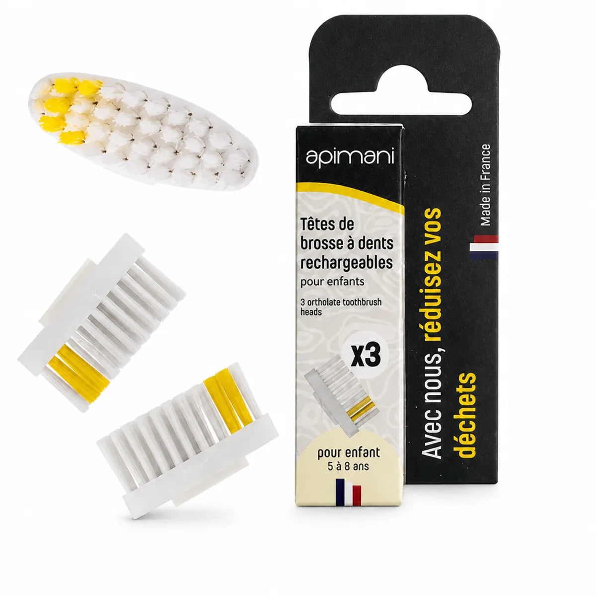 Têtes brosse à dents rechargeable enfant Apimani blanc jaune en boîte