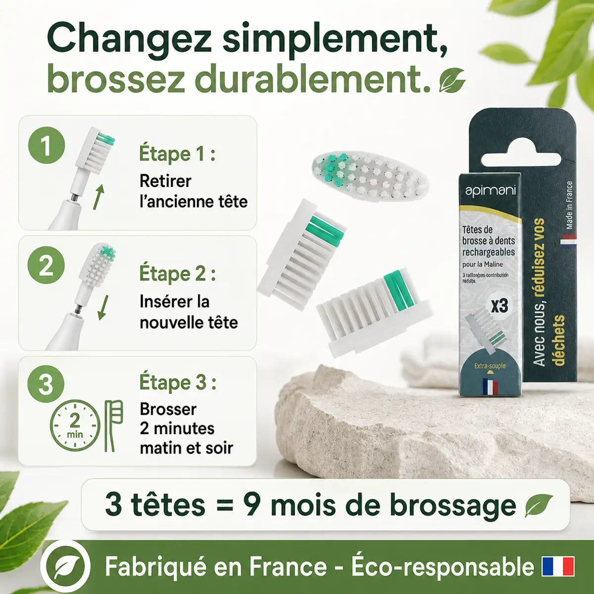 Têtes rechargeables Apimani avec instructions de remplacement et 3 mois de brossage, fabriquées en France