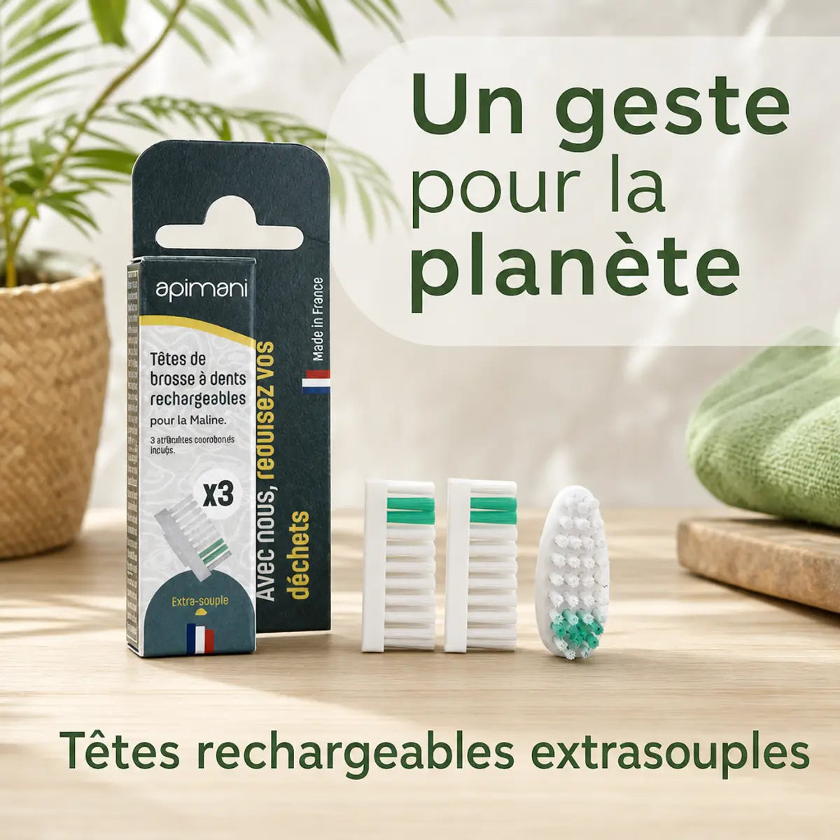Têtes rechargeables extrasouples Apimani - 3 têtes écologiques avec emballage vert