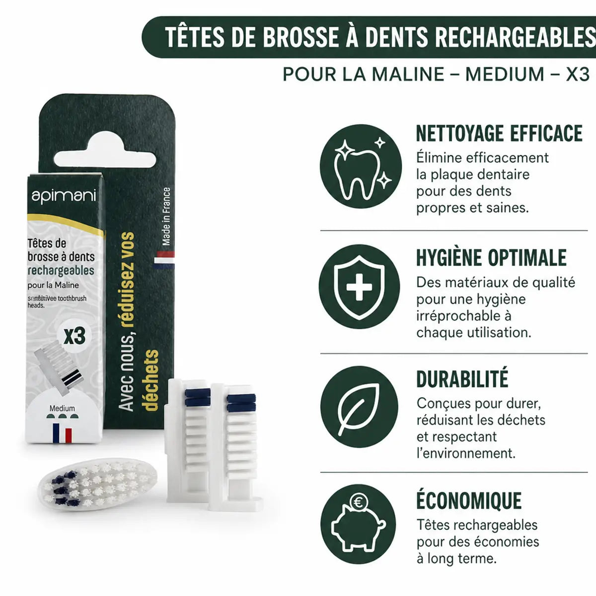 Têtes rechargeables medium Apimani 3 pack avec bénéfices nettoyage efficace hygiène durable