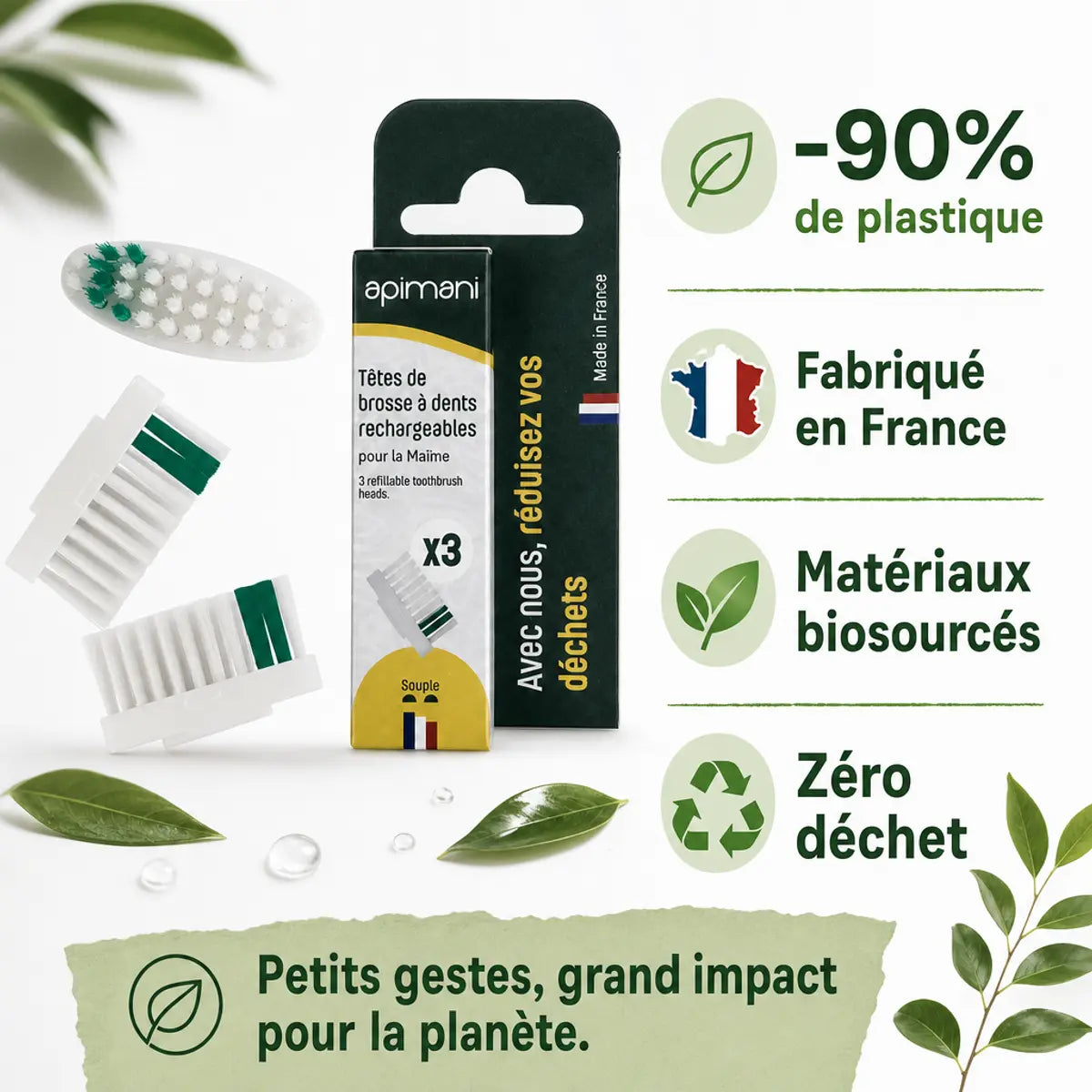 Têtes rechargeables Apimani - 3 brosses éco-responsables -90% plastique, fabrication française