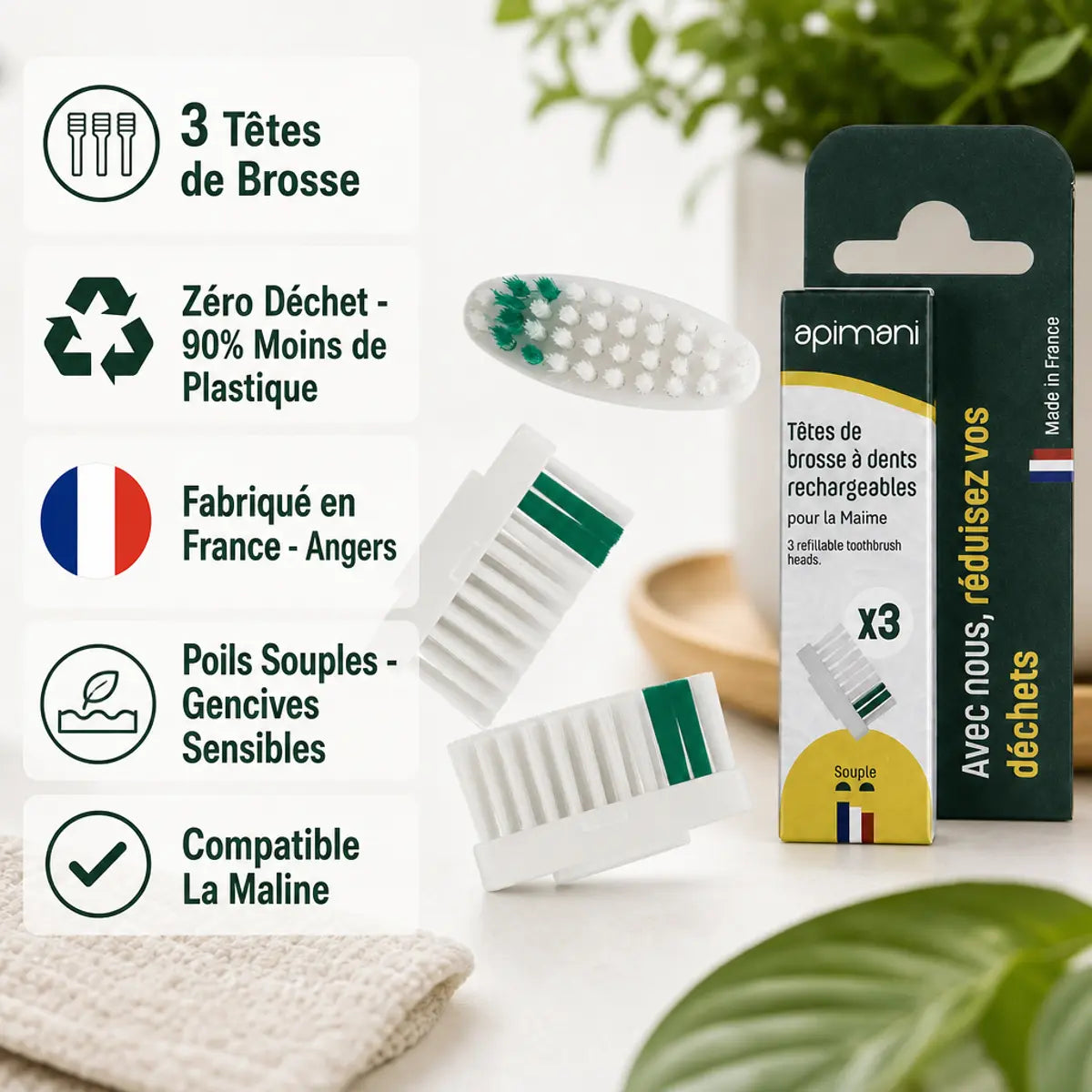 Têtes rechargeables Apimani 3 pack - brosses souples écologiques fabriquées en France