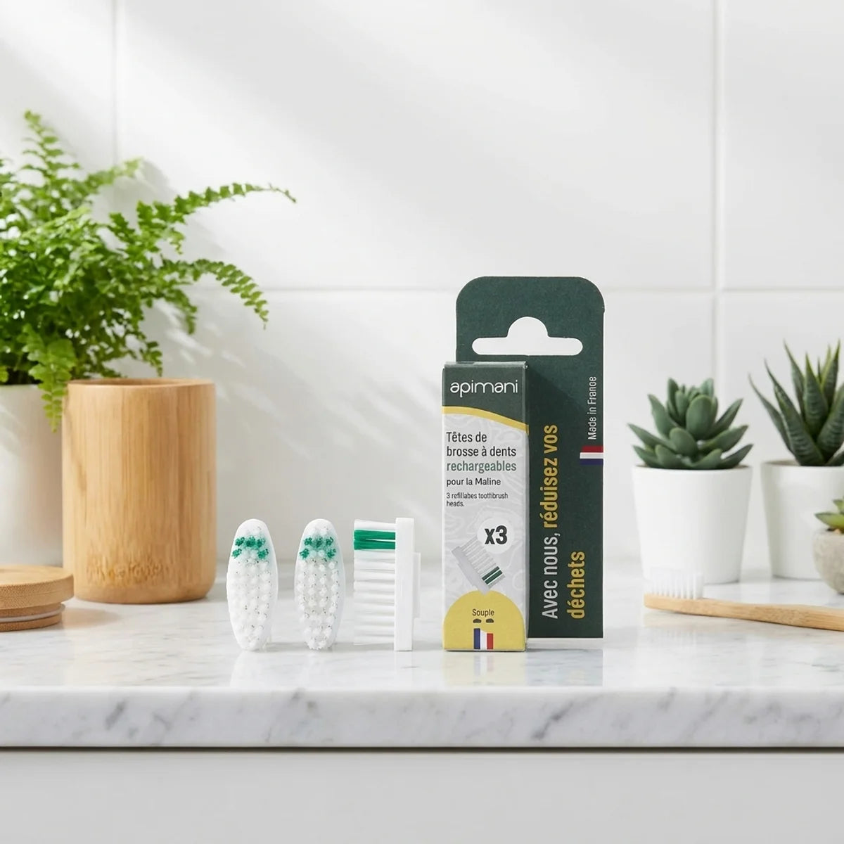Têtes rechargeables souples Apimani écologiques - Étui 3 têtes pour brosse à dents durable