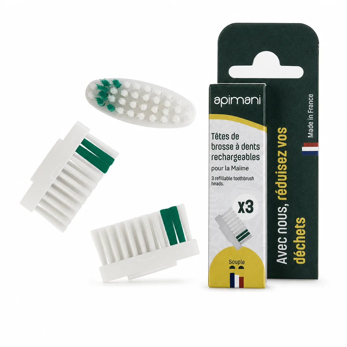 Têtes rechargeables souples Apimani 3 pièces blanc et vert dans leur emballage