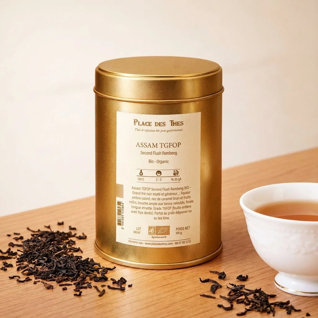 Thé noir Assam TGFOP bio en boîte dorée avec tasse et feuilles de thé dispersées sur bois