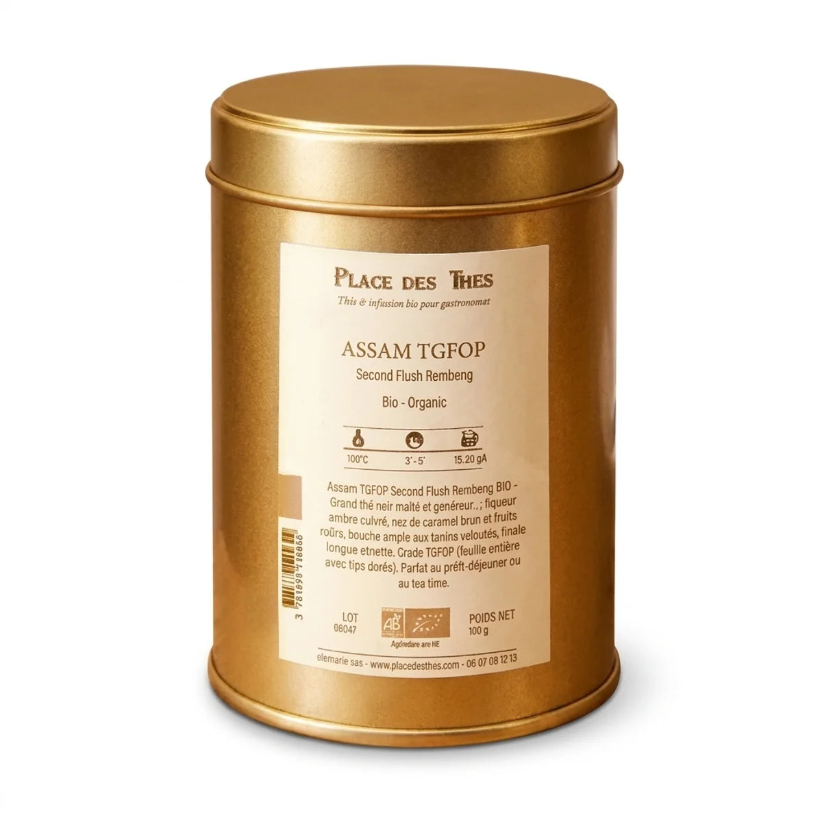 Thé noir Assam TGFOP Second Flush Rembeng Bio 100g en boîte métallique Place des Thés