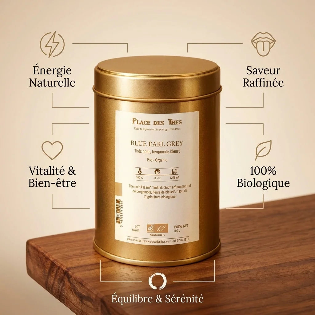 Thé noir Blue Earl Grey Bio 100g - Boîte dorée avec infographie des 5 bénéfices santé