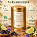 Thé noir Blue Earl Grey Bio 100g Place des Thés avec fleurs bleues et bergamote sur fond bois
