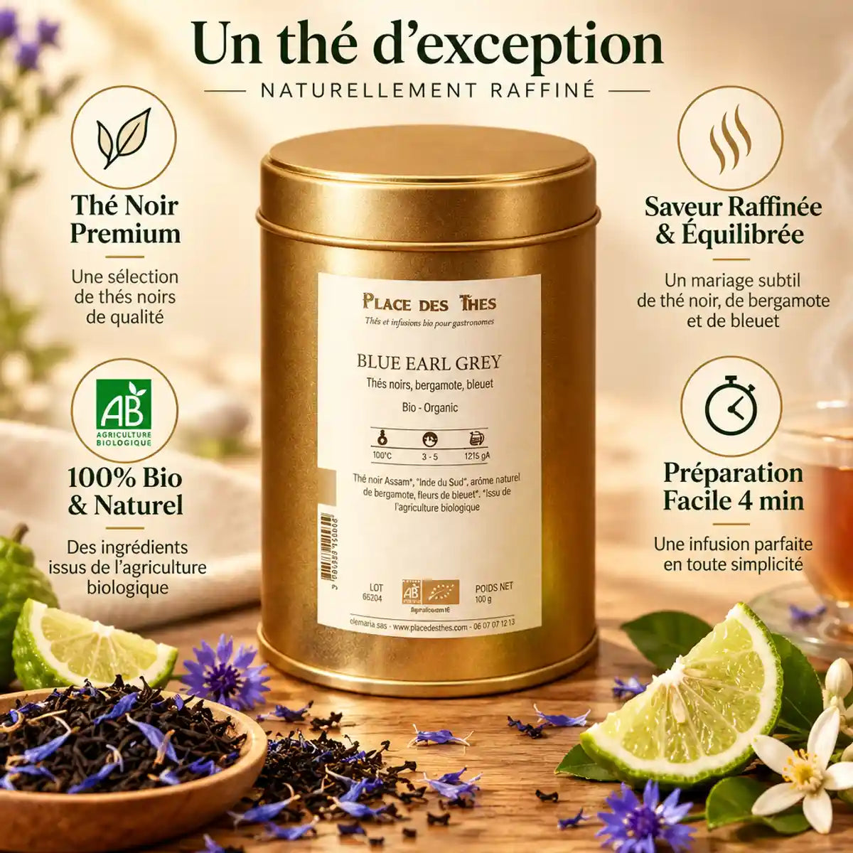 Thé noir Blue Earl Grey Bio 100g Place des Thés avec fleurs bleues et bergamote sur fond bois