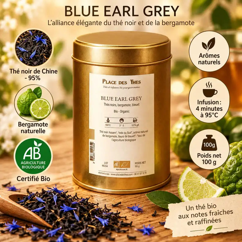 Thé noir Blue Earl Grey Bio 100g avec feuilles de thé et fleurs de bleuet sur fond bois