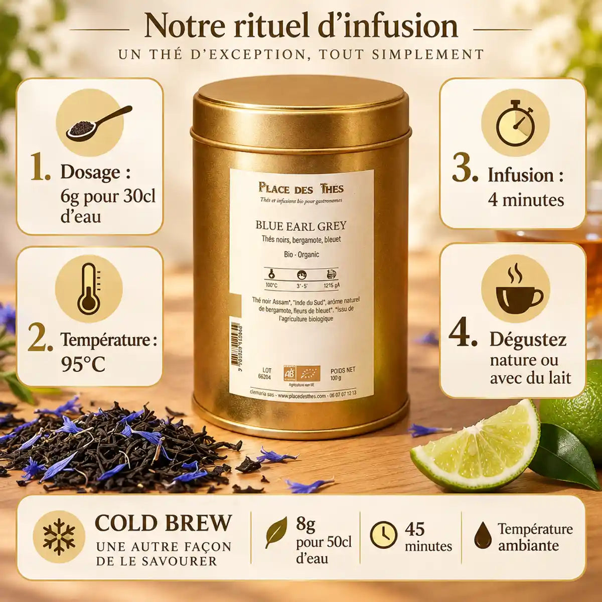 Thé noir Blue Earl Grey Bio 100g avec guide d'infusion, feuilles de thé et pétales de bleuet