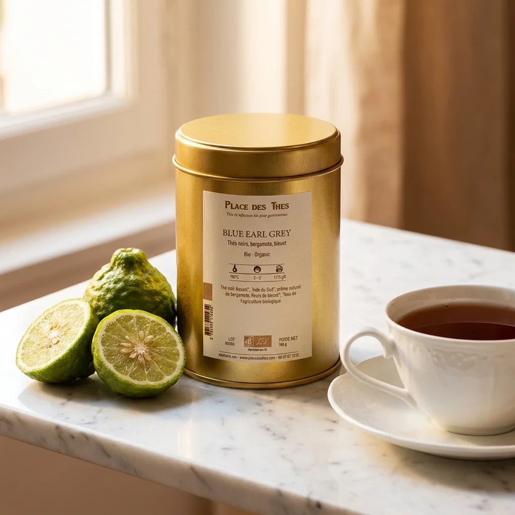 Thé noir Blue Earl Grey Bio Place des Thés en boîte dorée avec bergamote et tasse de porcelaine