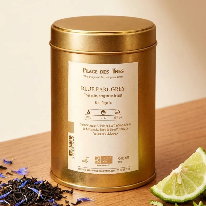 Thé noir Blue Earl Grey Bio 100g Place des Thés en boîte dorée avec feuilles de thé et bergamote