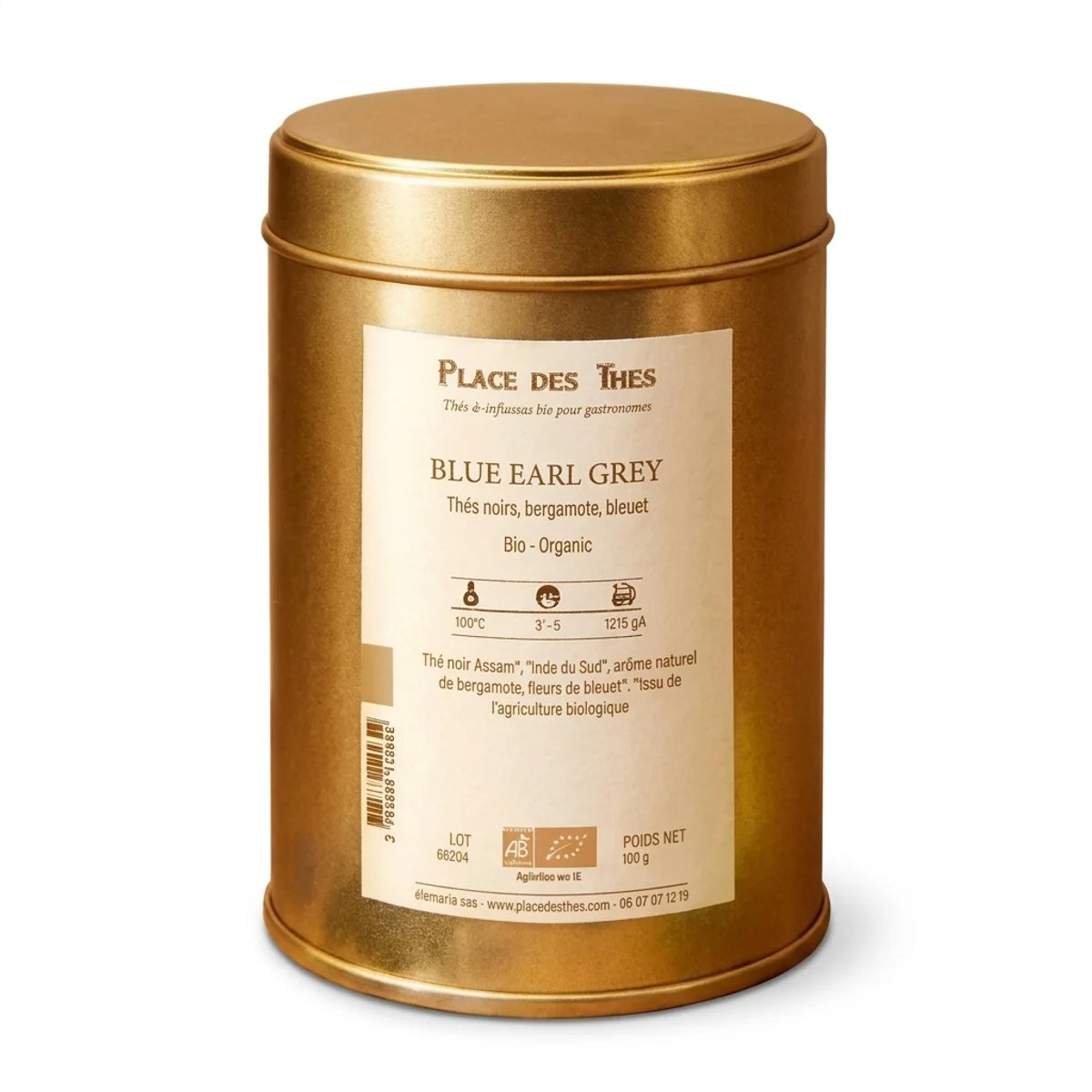 Boîte de thé noir Blue Earl Grey Bio Place des Thés 100g sur fond blanc