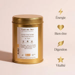 Thé noir Chai Bio 100g Place des Thés - Boîte dorée avec icônes bien-être, énergie, digestion et vitalité