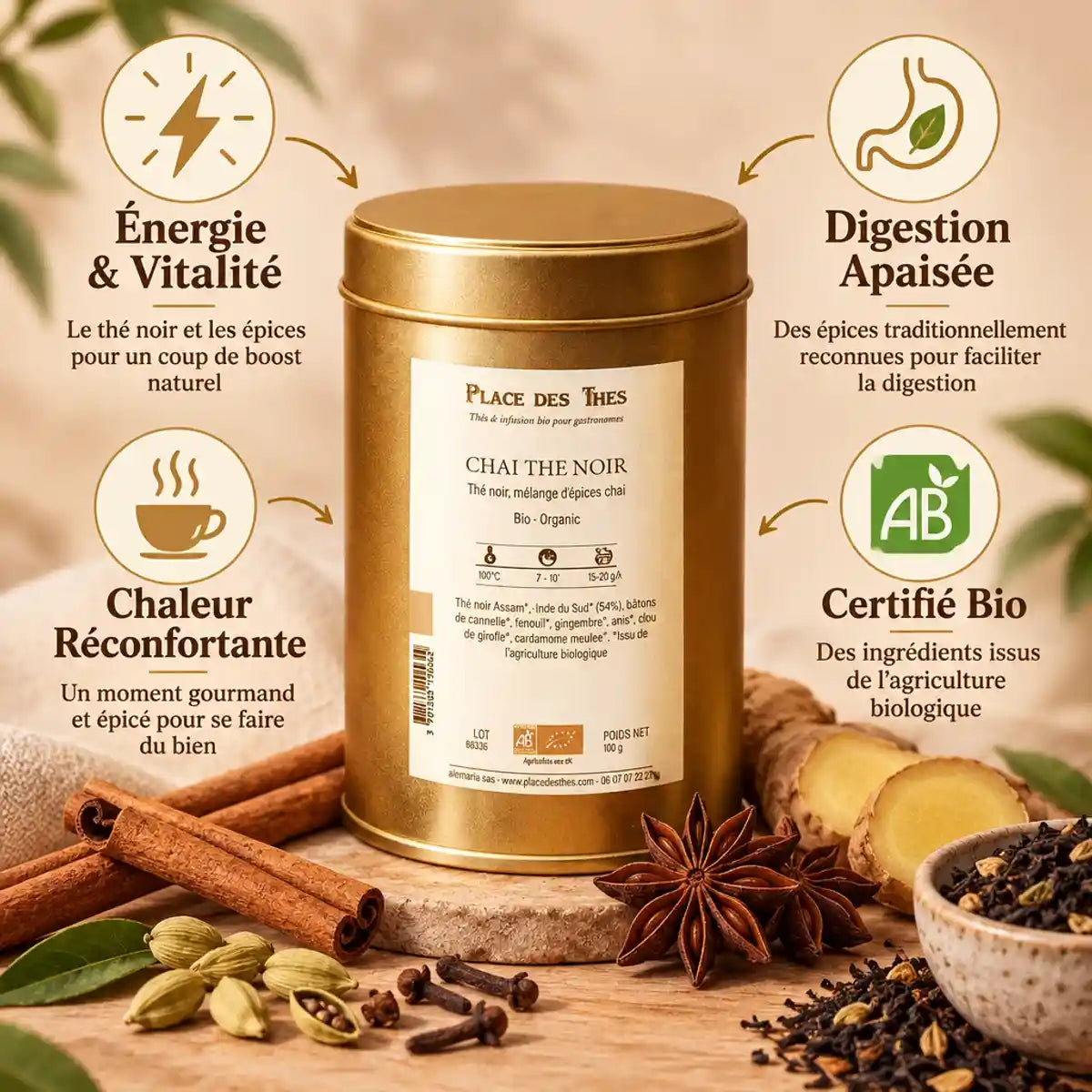 Boîte Chai Thé Noir Bio 100g Place des Thés avec bénéfices santé et ingrédients authentiques