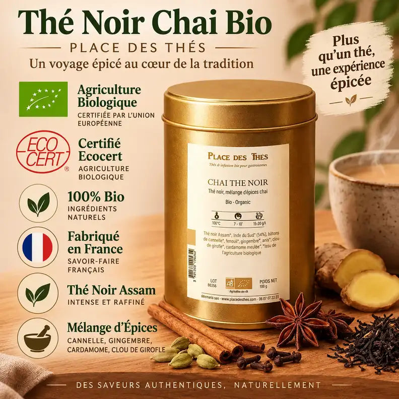 Thé noir Chai Bio 100g Place des Thés boîte dorée épices certifié Ecocert France