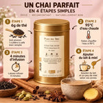 Chai Thé Noir Bio Place des Thés 100g avec guide infographie préparation: 6g thé, 95°C, 4 minutes infusion, lait miel