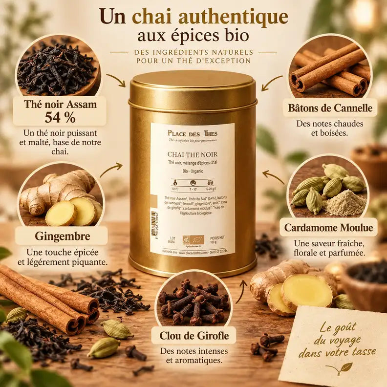 Thé noir Chai Bio 100g Place des Thés avec ingrédients Assam, cannelle, gingembre et cardamome