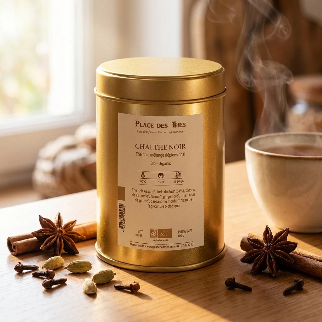 Boîte de Thé noir Chai Bio 100g Place des Thés sur surface en bois avec épices