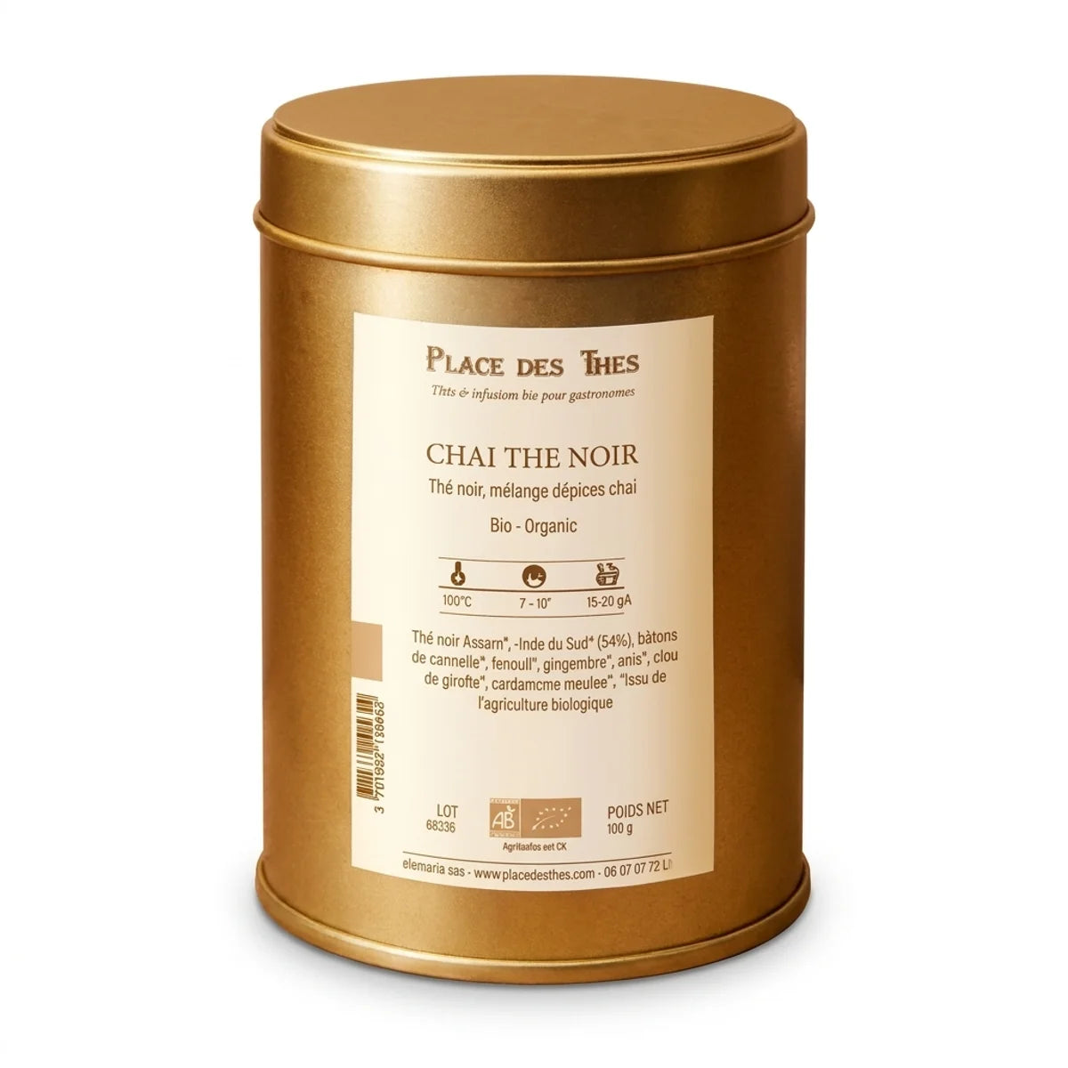 Boîte de Thé noir Chai Bio 100g Place des Thés sur fond blanc