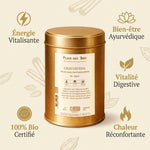 Thé noir Chayurveda Bio 100g boîte dorée avec infographie des 5 bénéfices et icônes
