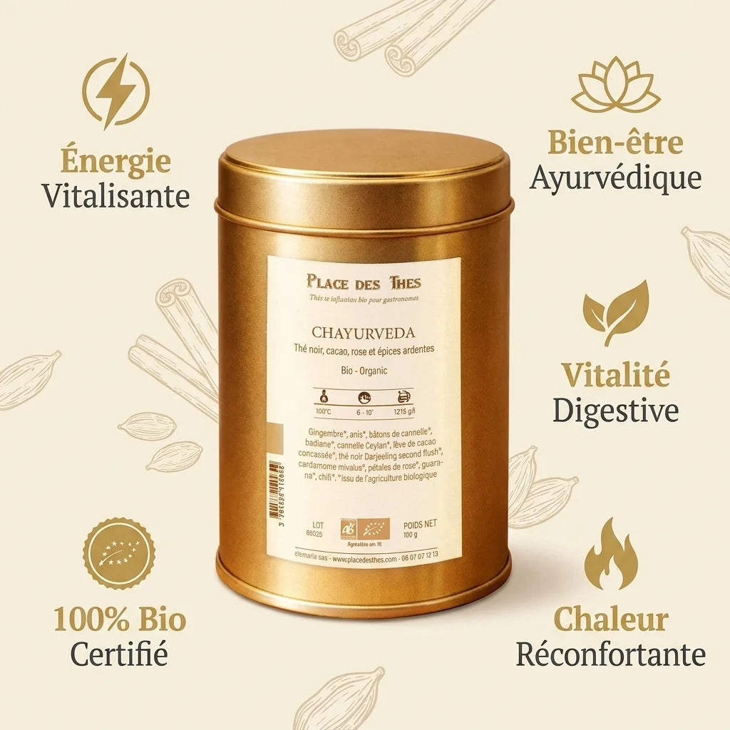 Thé noir Chayurveda Bio 100g boîte dorée avec infographie des 5 bénéfices et icônes