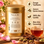 Thé noir Chayurveda Bio 100g - Boîte dorée avec bénéfices énergisants et saveurs épicées