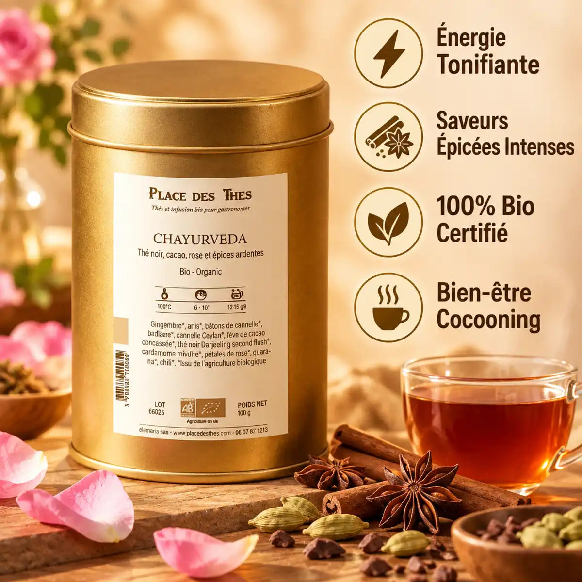 Thé noir Chayurveda Bio 100g - Boîte dorée avec bénéfices énergisants et saveurs épicées