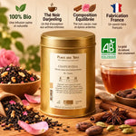 Thé noir Chayurveda Bio 100g - Boîte dorée avec feuilles et épices sur fond bois