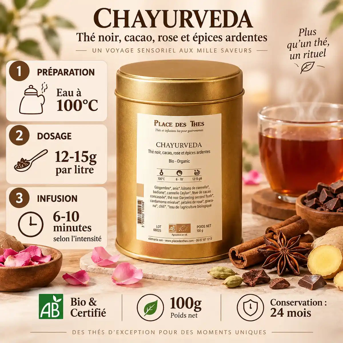 Thé noir Chayurveda Bio 100g avec ingrédients, tasse et guide de préparation